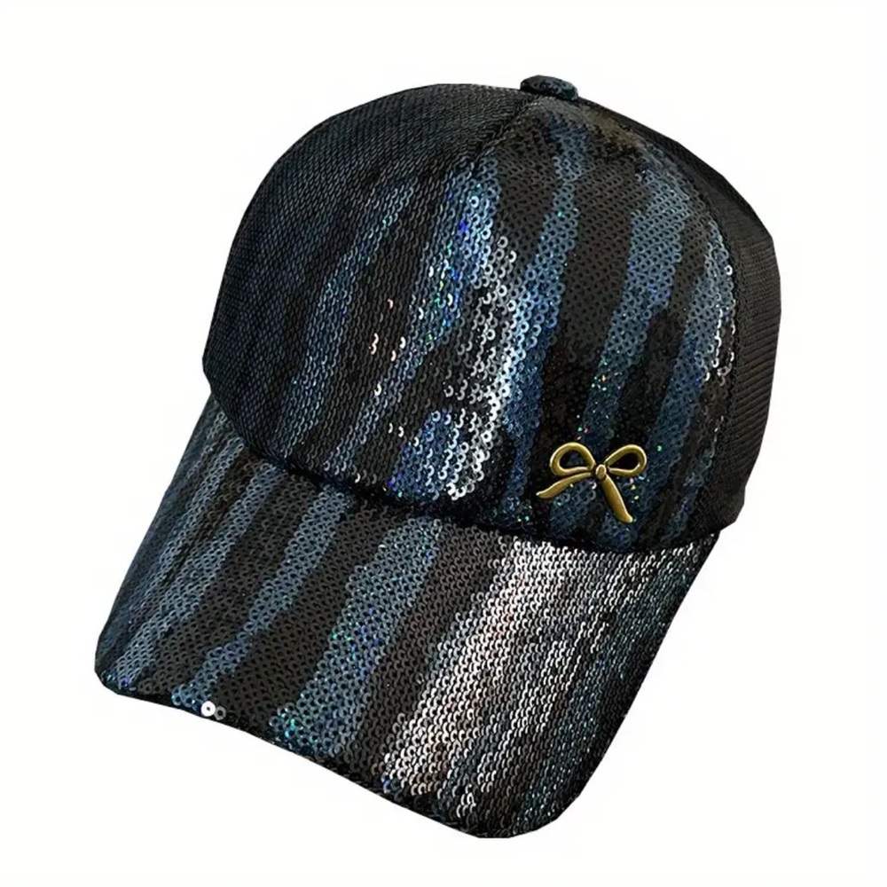 Blue & Black Sequin Animal Striped Gold Bow Cap